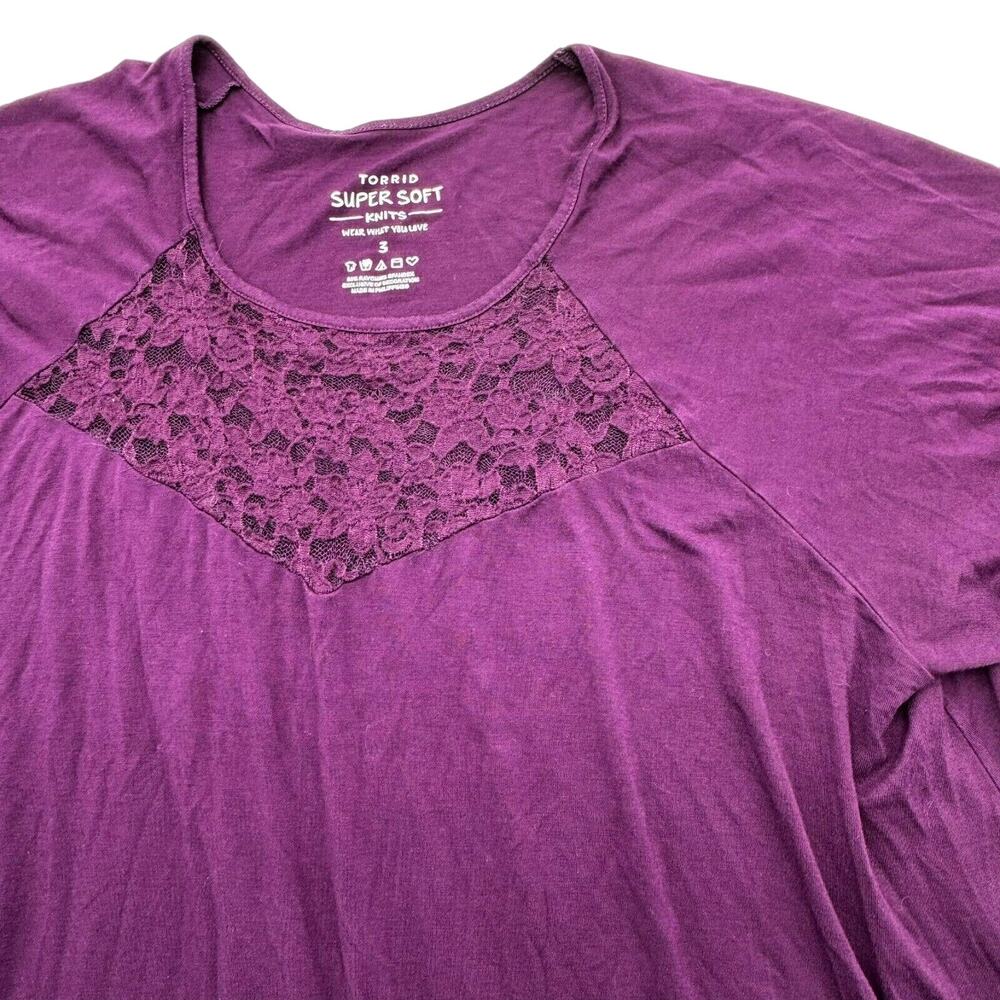 Torrid Super Soft Knits Blouse Women 3X 22/24 Lace Purple Top Asymmetrical Shirt